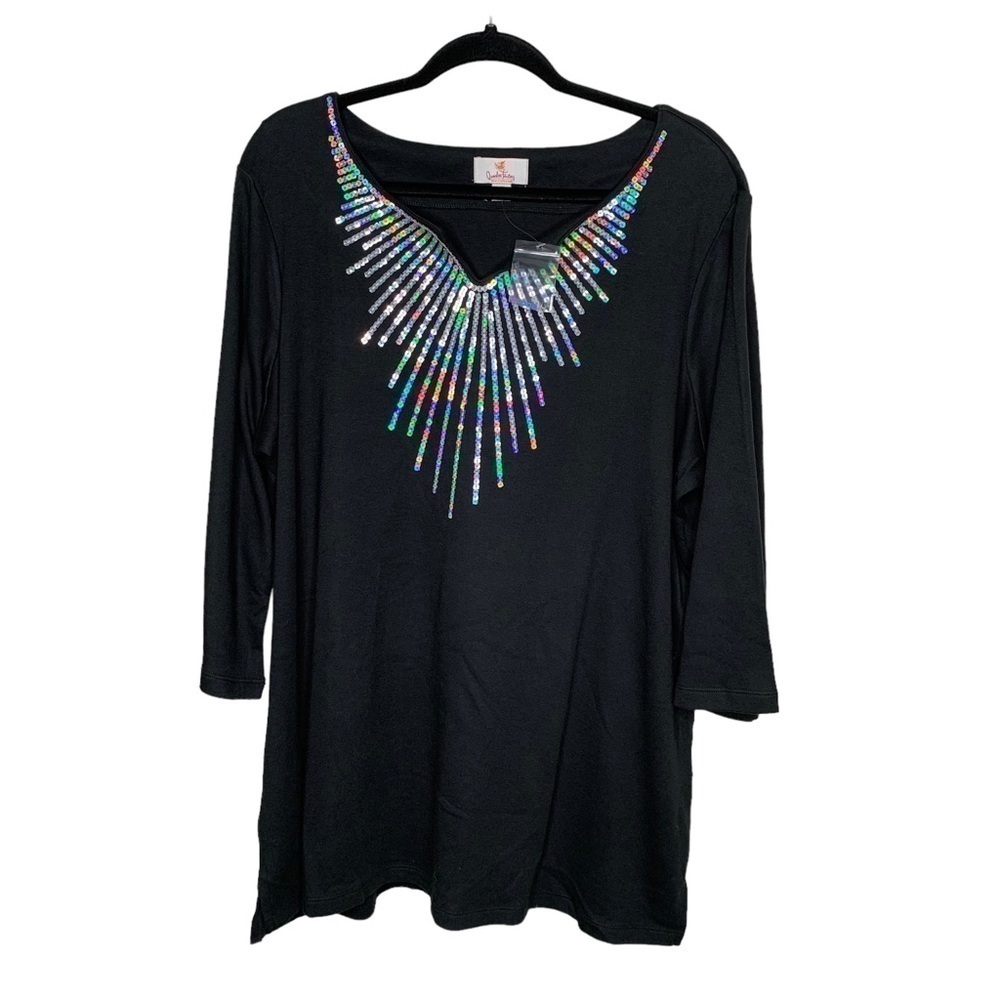 New Quaker Factory Iridescent Sequin Blouse 1X Black 3/4 Sleeve BNWOT - Picture 1 of 5